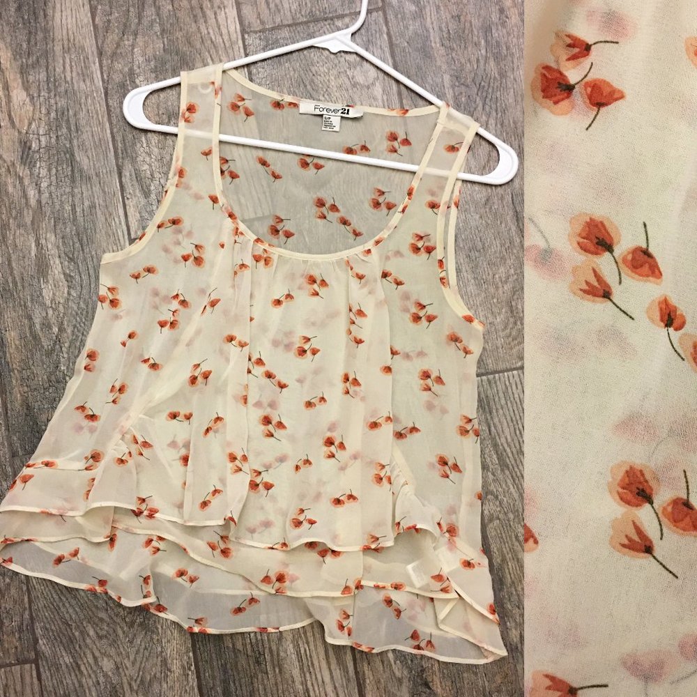 🍉 FOREVER 21 Ivory Chiffon Red Floral Ruffle Top